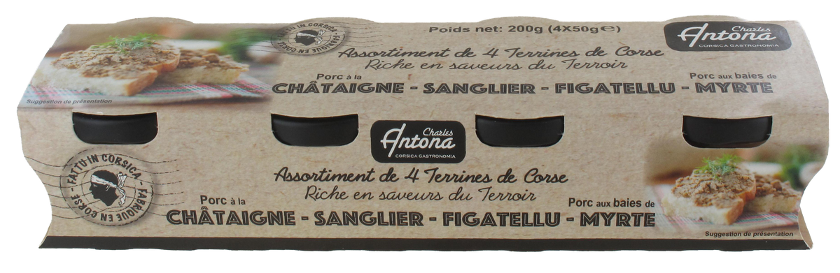 Etui 4 terrines : Figatellu, Sanglier, Porc à la Châtaigne, Porc au Brocciu A.O.P. et baies de Myrte de Corse