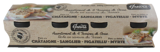 Etui 4 terrines : Figatellu, Sanglier, Porc à la Châtaigne, Porc au Brocciu A.O.P. et baies de Myrte de Corse